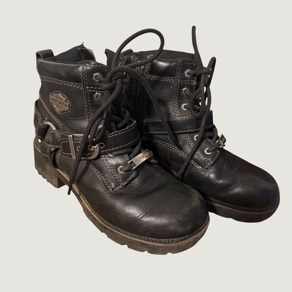 Harley Davidson Womens Black Leather Biker Boots Lace Up Side Zip D84240 Size 6